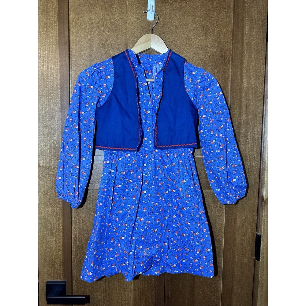 Vintage Handmade Girls Blue Floral Dress Matching Vest Cottage-core Size 10/12